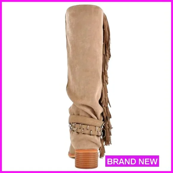 Knee High Riding Boots Fringe Buckle Straps Chunky Heel Square Toe Fold Over